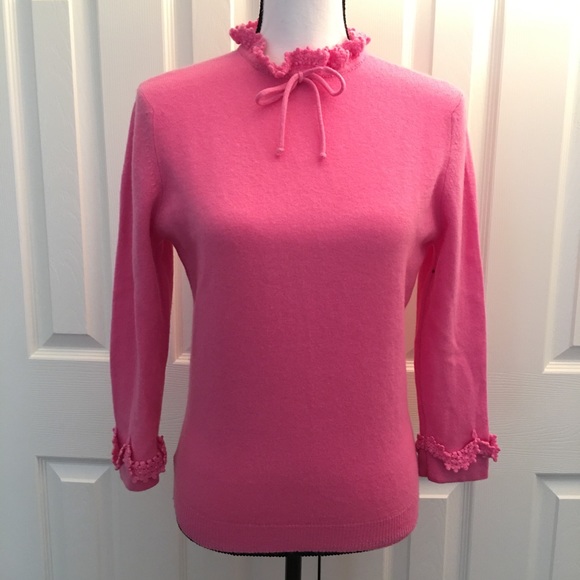 dalton Sweaters - Cashmere bow lace high neck Victorian Barbie pink sweater